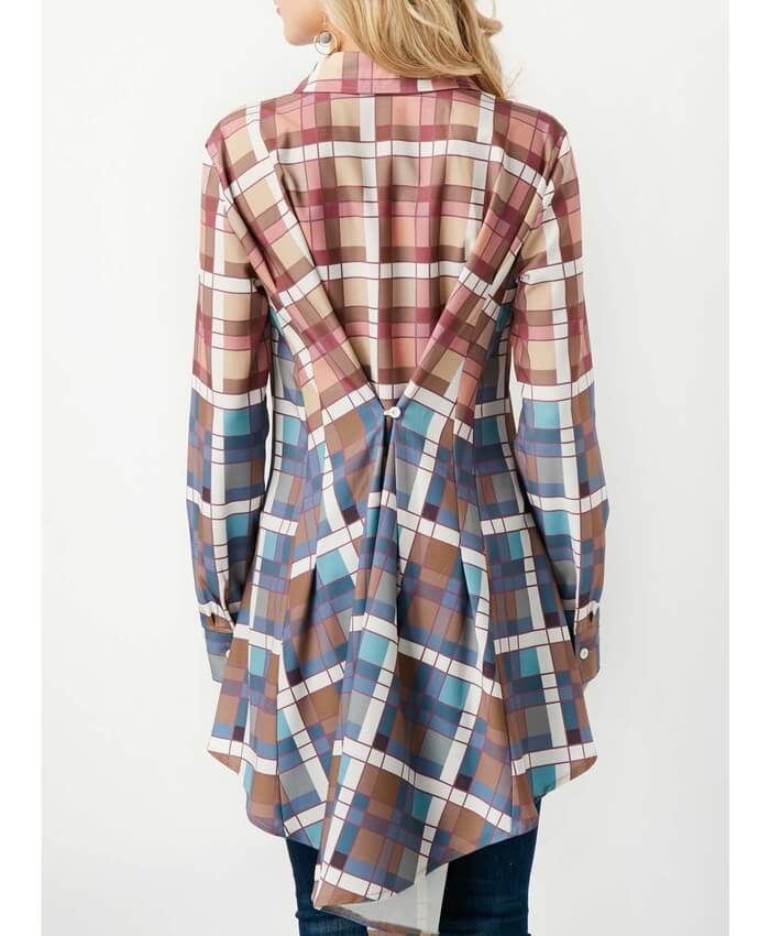 Button Up Plaid Print Asymmetric Hem Blouse